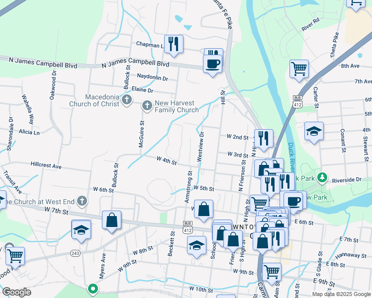 map of restaurants, bars, coffee shops, grocery stores, and more near 409 Armstrong Street in Columbia