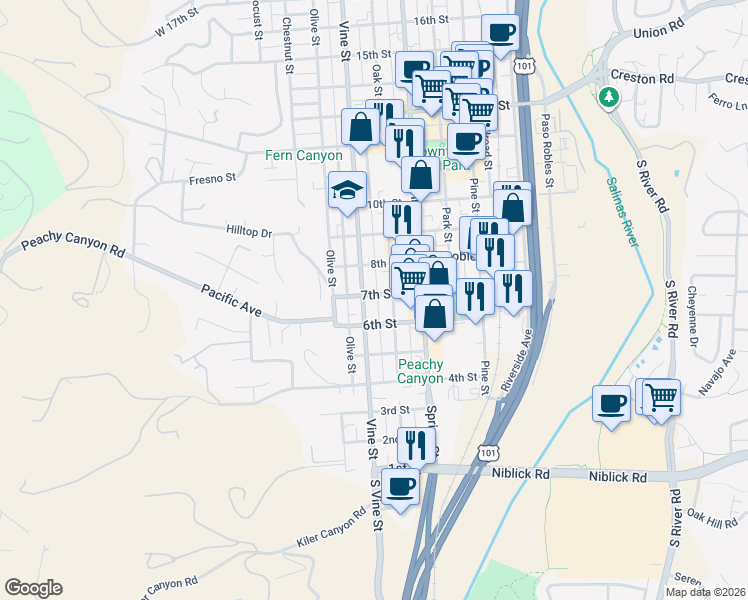 map of restaurants, bars, coffee shops, grocery stores, and more near 526 7th Street in Paso Robles