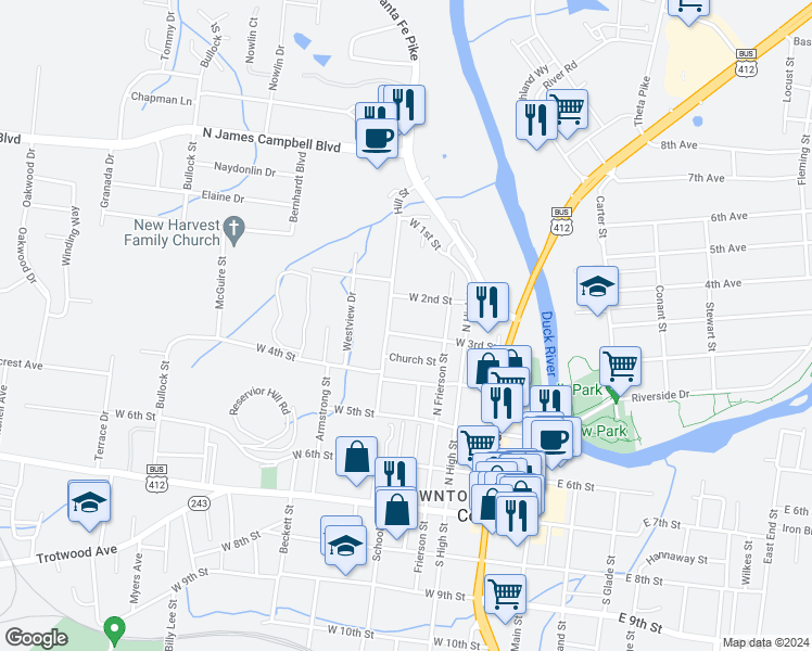 map of restaurants, bars, coffee shops, grocery stores, and more near 418 West 3rd Street in Columbia