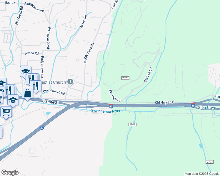 map of restaurants, bars, coffee shops, grocery stores, and more near Old Toll Road in Black Mountain
