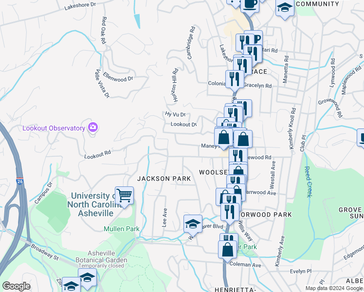 map of restaurants, bars, coffee shops, grocery stores, and more near 209 Edgewood Road in Asheville