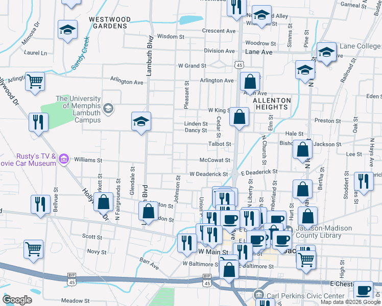 map of restaurants, bars, coffee shops, grocery stores, and more near 227 McCowat Street in Jackson