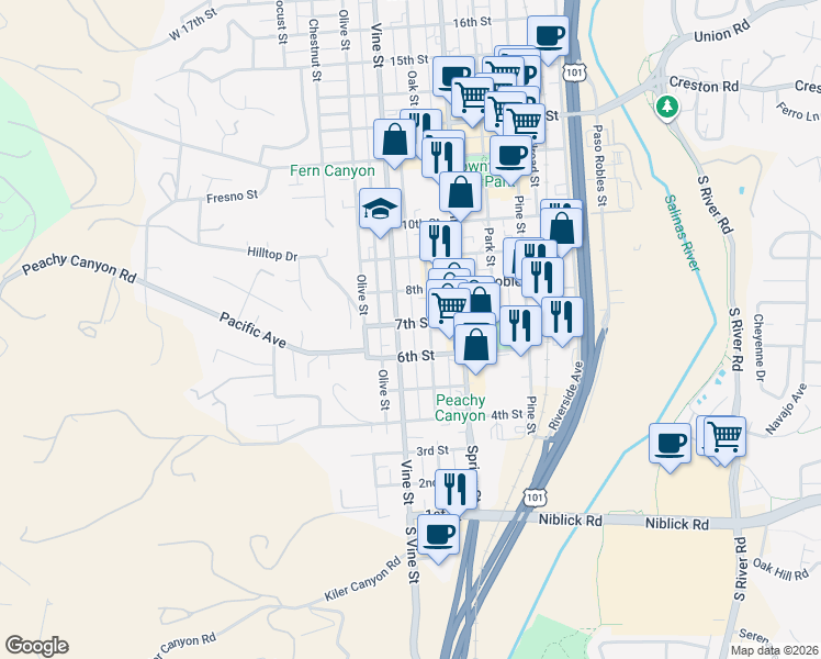 map of restaurants, bars, coffee shops, grocery stores, and more near 526 7th Street in Paso Robles
