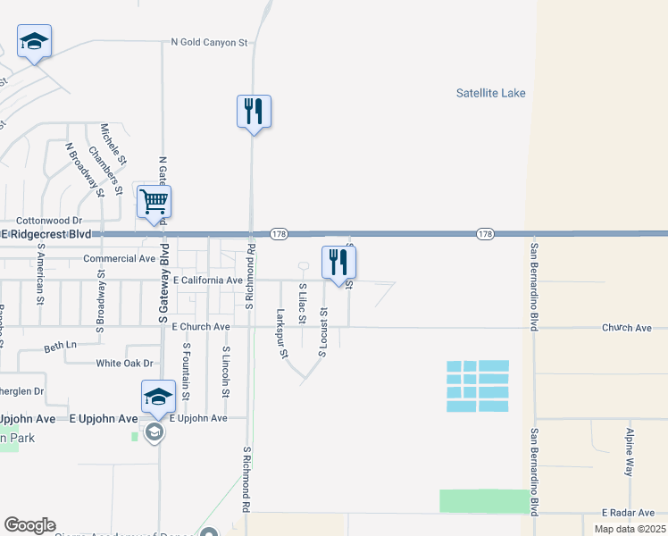 map of restaurants, bars, coffee shops, grocery stores, and more near 134 South Locust Street in Ridgecrest