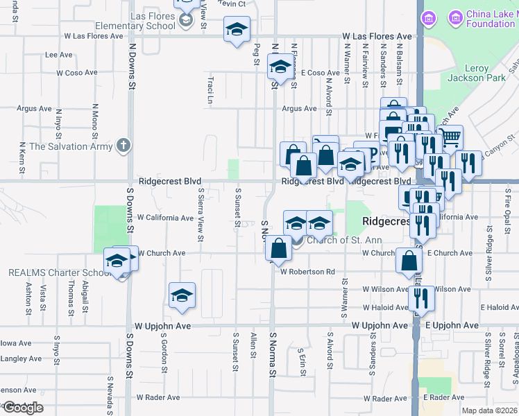 map of restaurants, bars, coffee shops, grocery stores, and more near 135 South Norma Street in Ridgecrest