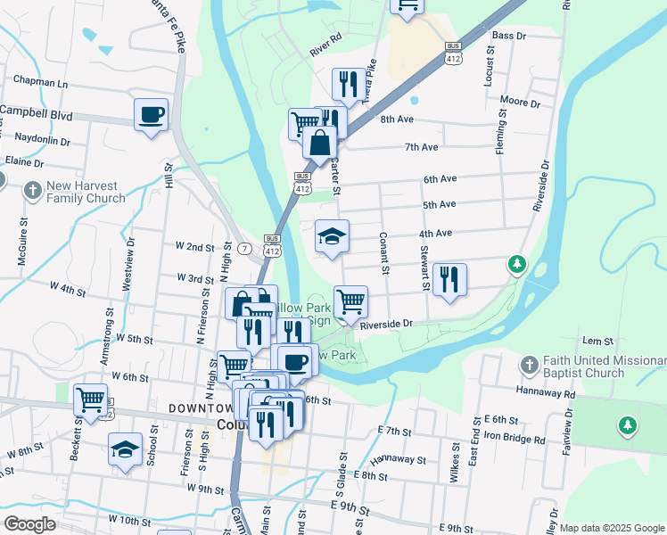 map of restaurants, bars, coffee shops, grocery stores, and more near 203 Carter Street in Columbia