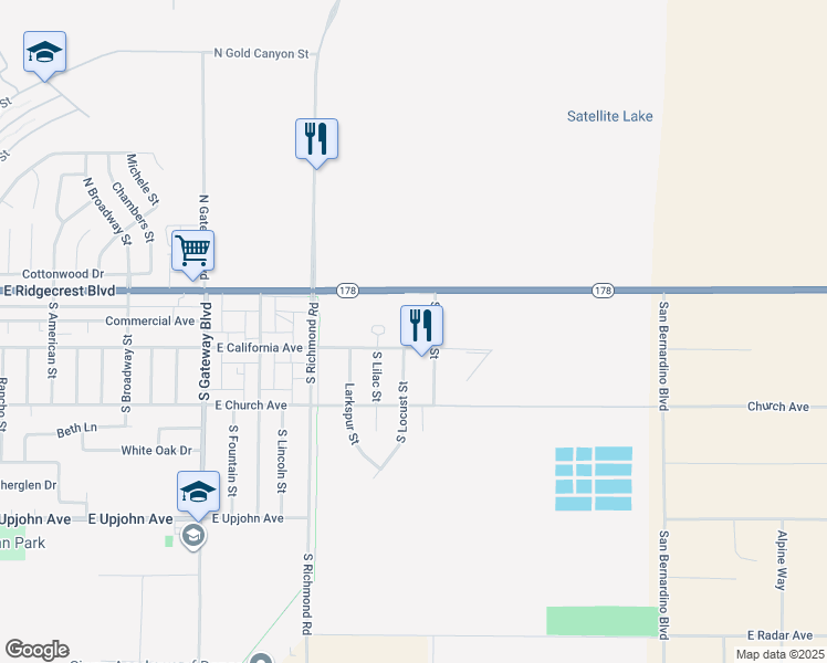 map of restaurants, bars, coffee shops, grocery stores, and more near 201 South Lumill Street in Ridgecrest