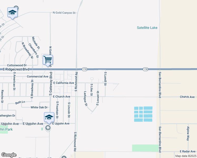 map of restaurants, bars, coffee shops, grocery stores, and more near 200 South Lilac Street in Ridgecrest