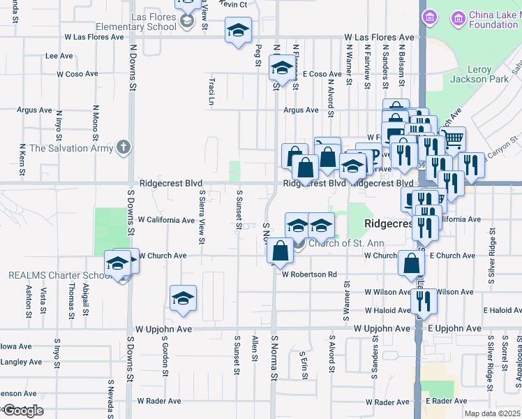 map of restaurants, bars, coffee shops, grocery stores, and more near 209 South Norma Street in Ridgecrest