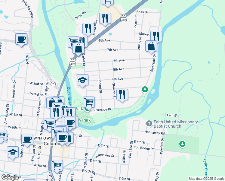 map of restaurants, bars, coffee shops, grocery stores, and more near 211 2nd Avenue in Columbia