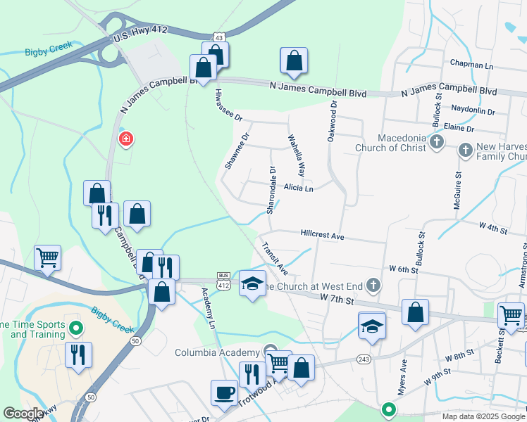 map of restaurants, bars, coffee shops, grocery stores, and more near 517-519 Sharondale Drive in Columbia