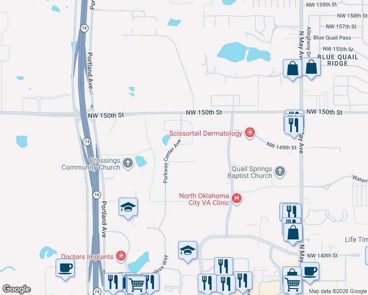 map of restaurants, bars, coffee shops, grocery stores, and more near Parkway Center Avenue in Oklahoma City