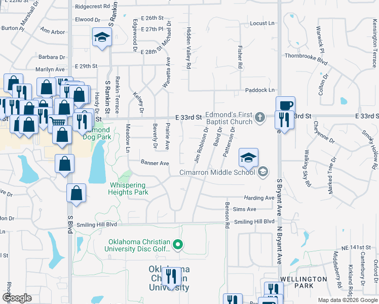 map of restaurants, bars, coffee shops, grocery stores, and more near 3556 Old Georgetowne Road in Edmond