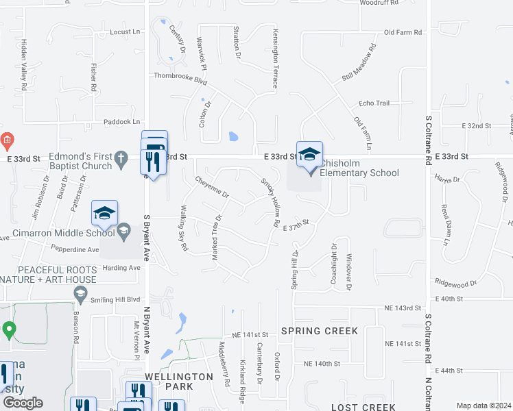map of restaurants, bars, coffee shops, grocery stores, and more near 2004 Cheyenne Drive in Edmond