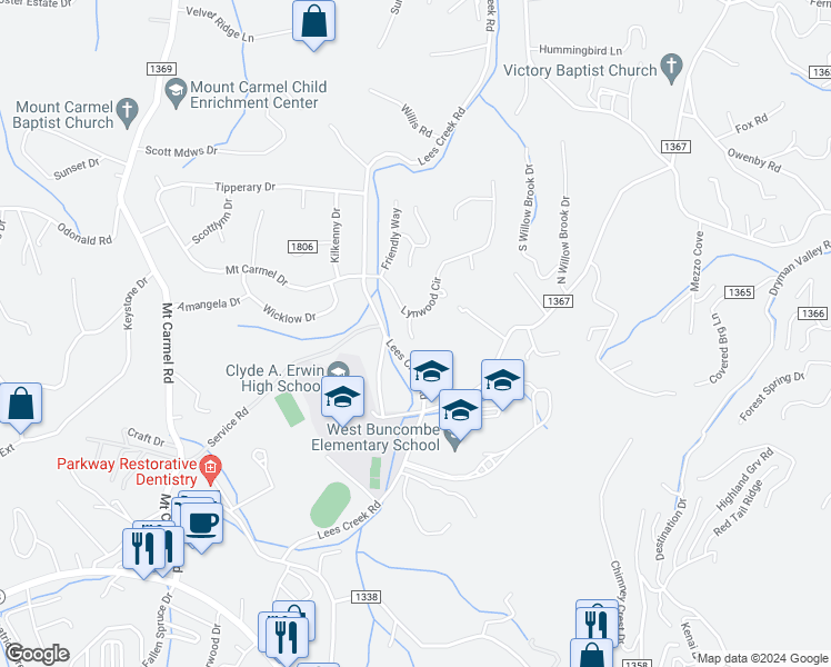 map of restaurants, bars, coffee shops, grocery stores, and more near 3 Erwin Drive in Asheville