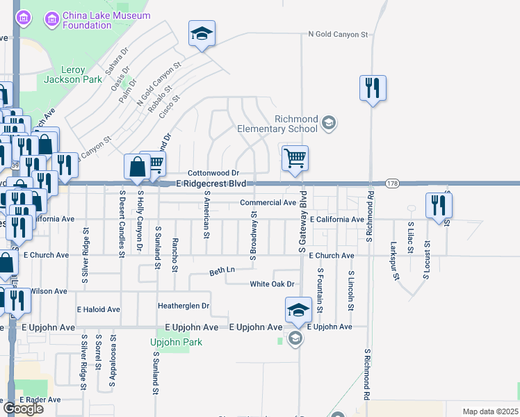 map of restaurants, bars, coffee shops, grocery stores, and more near 733 Commercial Avenue in Ridgecrest