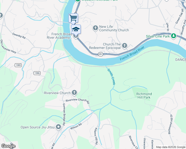 map of restaurants, bars, coffee shops, grocery stores, and more near 655 Riverview Church Road in Asheville