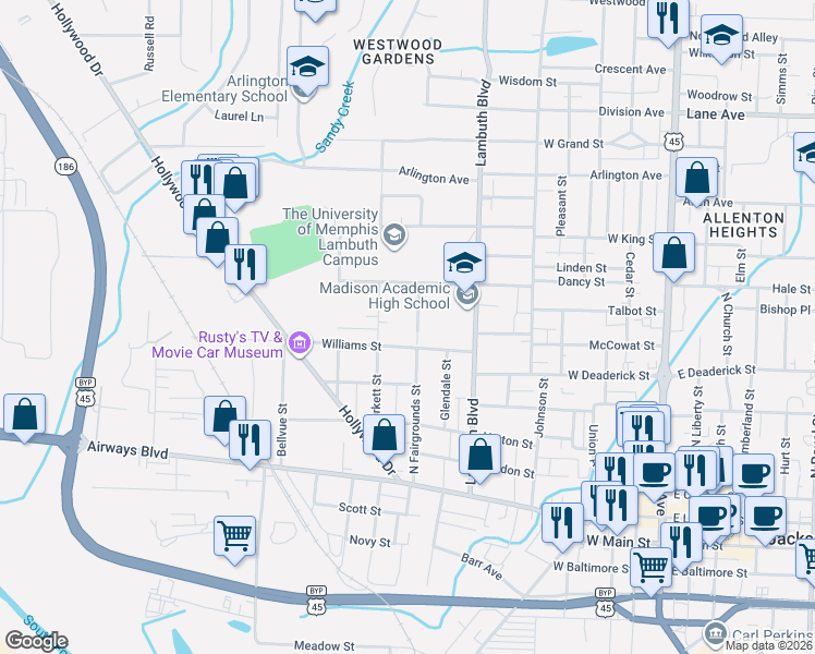 map of restaurants, bars, coffee shops, grocery stores, and more near 536 Burkett Street in Jackson