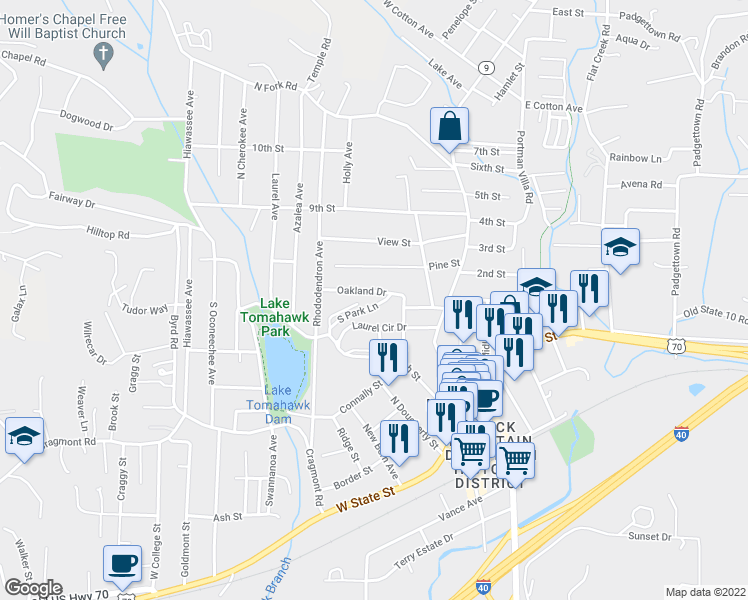 map of restaurants, bars, coffee shops, grocery stores, and more near 106 South Park Lane in Black Mountain