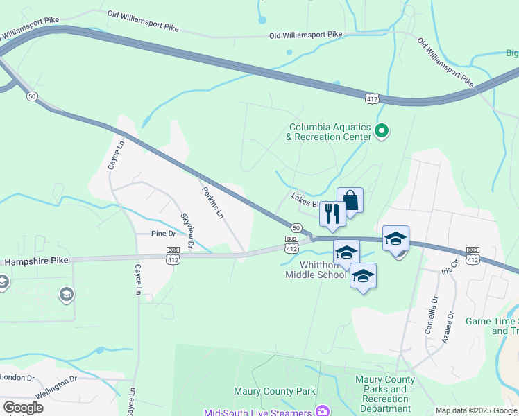 map of restaurants, bars, coffee shops, grocery stores, and more near 1417 Williamsport Pike in Columbia