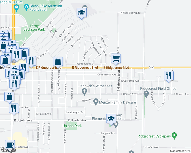 map of restaurants, bars, coffee shops, grocery stores, and more near 709 Commercial Avenue in Ridgecrest