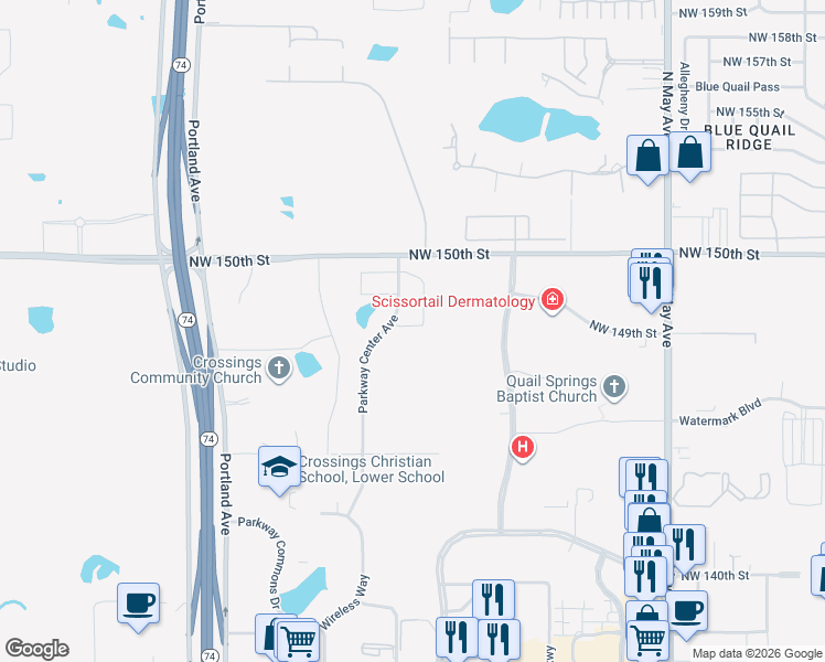 map of restaurants, bars, coffee shops, grocery stores, and more near Parkway Center Avenue in Oklahoma City