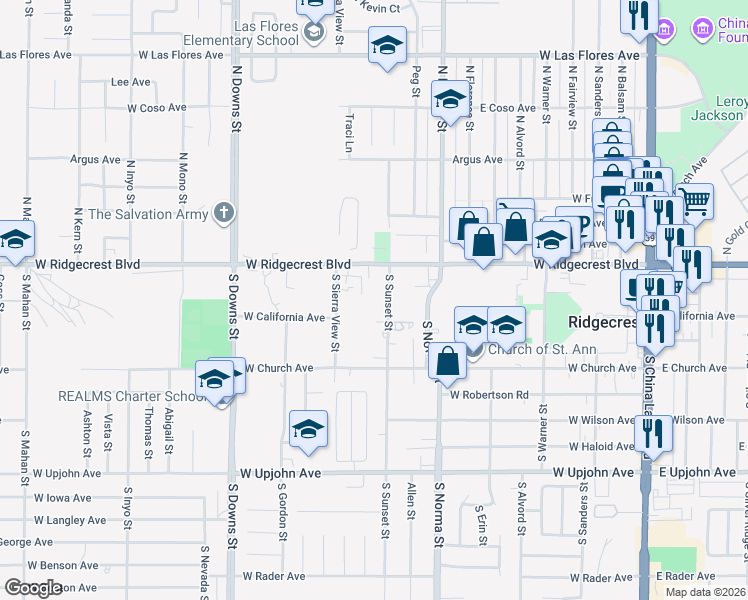 map of restaurants, bars, coffee shops, grocery stores, and more near 633 West Ridgecrest Boulevard in Ridgecrest