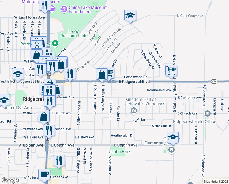map of restaurants, bars, coffee shops, grocery stores, and more near 505 Commercial Avenue in Ridgecrest