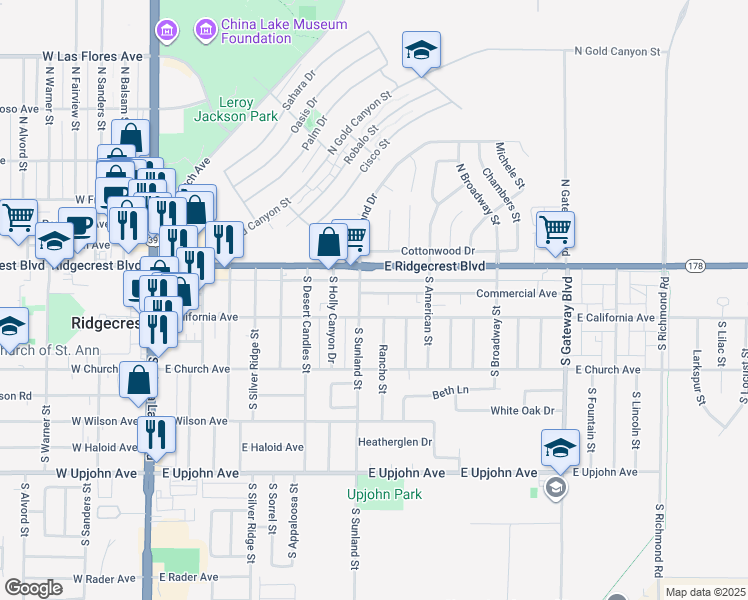 map of restaurants, bars, coffee shops, grocery stores, and more near 509 Commercial Avenue in Ridgecrest