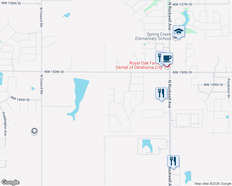 map of restaurants, bars, coffee shops, grocery stores, and more near 14837 Gravity Falls Lane in Oklahoma City