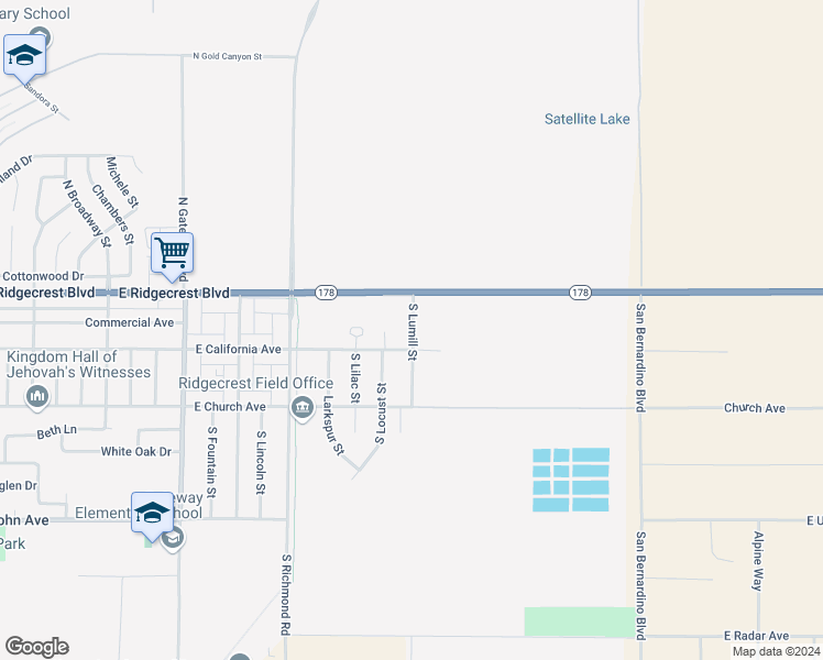 map of restaurants, bars, coffee shops, grocery stores, and more near 1249 East Ridgecrest Boulevard in Ridgecrest