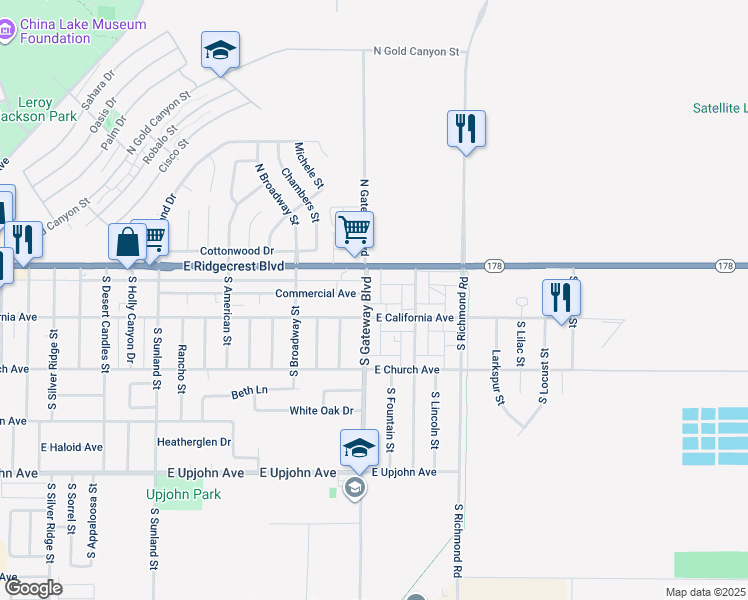 map of restaurants, bars, coffee shops, grocery stores, and more near 843 East Ridgecrest Boulevard in Ridgecrest