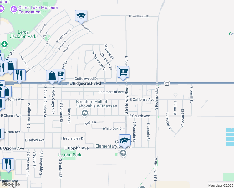 map of restaurants, bars, coffee shops, grocery stores, and more near 804 Commercial Avenue in Ridgecrest