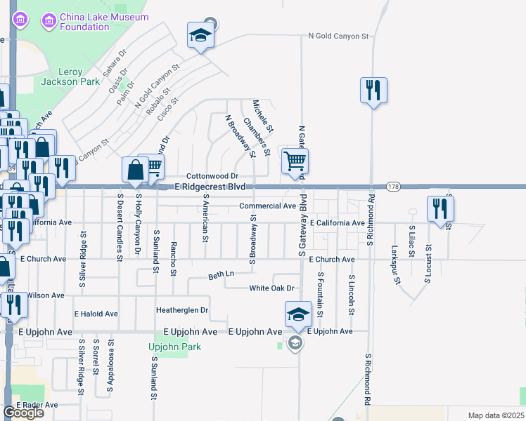 map of restaurants, bars, coffee shops, grocery stores, and more near 804 Commercial Avenue in Ridgecrest