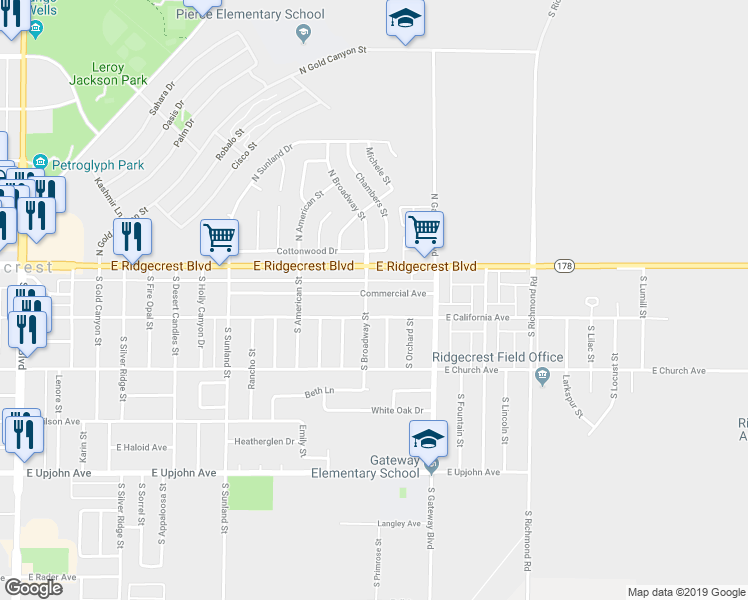 map of restaurants, bars, coffee shops, grocery stores, and more near 719 East Ridgecrest Boulevard in Ridgecrest