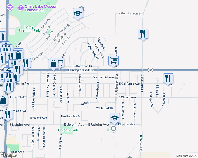 map of restaurants, bars, coffee shops, grocery stores, and more near 719 East Ridgecrest Boulevard in Ridgecrest