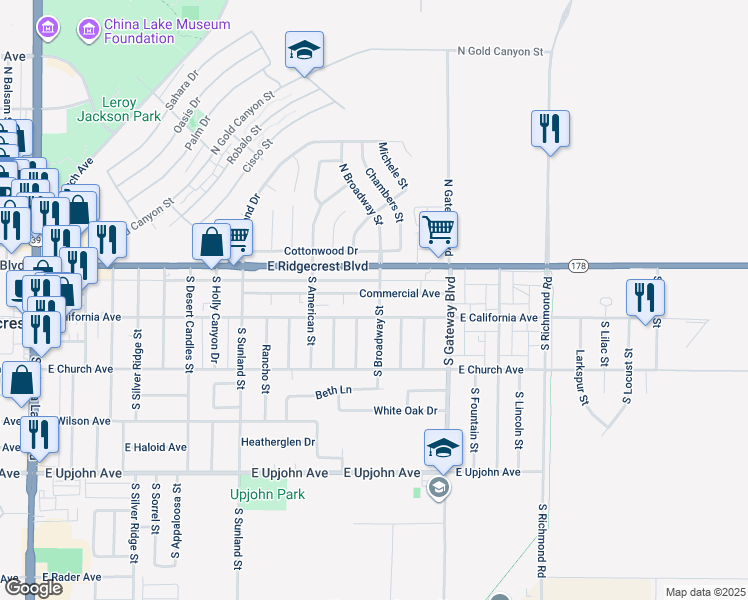 map of restaurants, bars, coffee shops, grocery stores, and more near 719 East Ridgecrest Boulevard in Ridgecrest