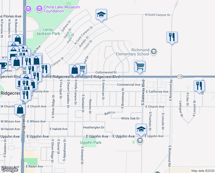 map of restaurants, bars, coffee shops, grocery stores, and more near 636 Commercial Avenue in Ridgecrest