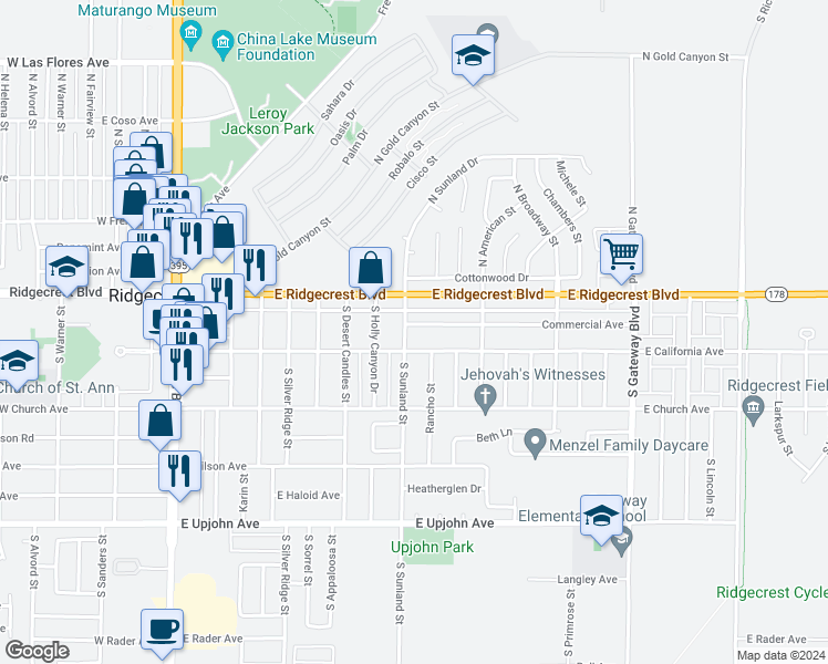 map of restaurants, bars, coffee shops, grocery stores, and more near 525 California 178 in Ridgecrest