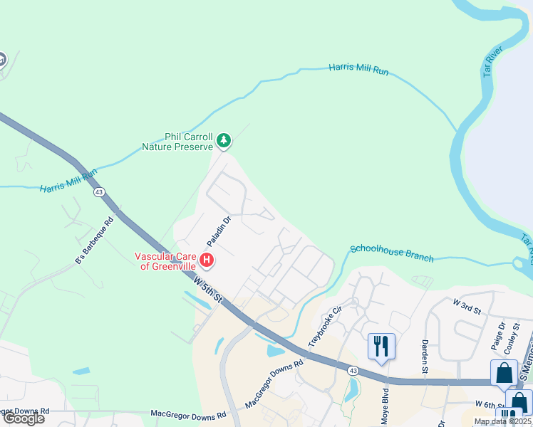 map of restaurants, bars, coffee shops, grocery stores, and more near 2805a Sweet Gum Court in Greenville