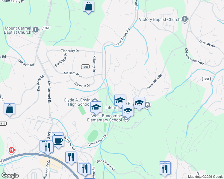 map of restaurants, bars, coffee shops, grocery stores, and more near 12 Lynwood Circle in Asheville