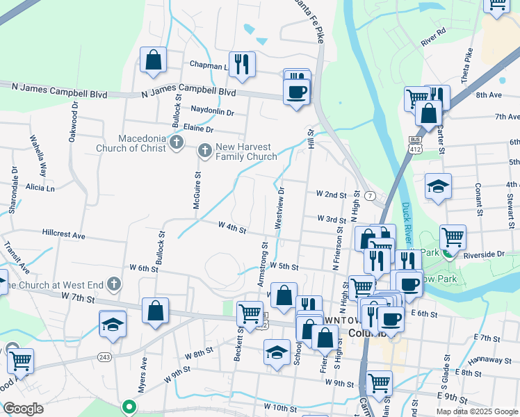 map of restaurants, bars, coffee shops, grocery stores, and more near 401 Armstrong Street in Columbia