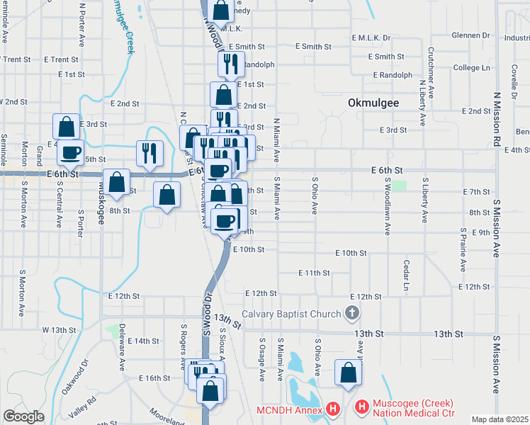 map of restaurants, bars, coffee shops, grocery stores, and more near 1116 East 7th Street in Okmulgee