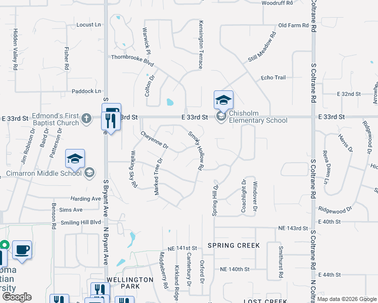 map of restaurants, bars, coffee shops, grocery stores, and more near 2013 Sumac Circle in Edmond