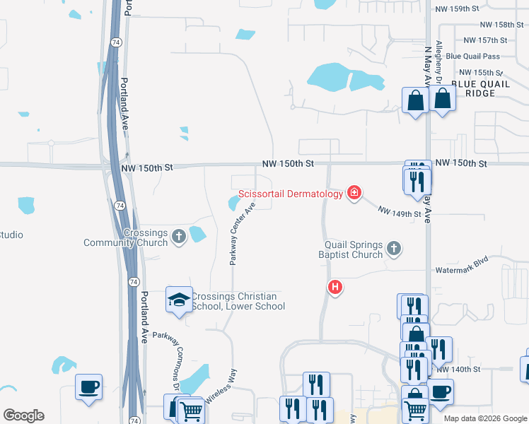 map of restaurants, bars, coffee shops, grocery stores, and more near Parkway Center Avenue in Oklahoma City