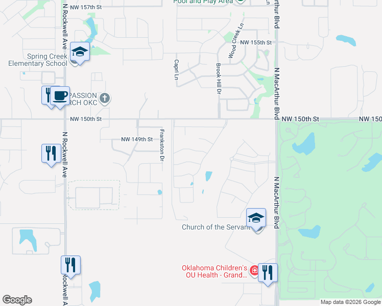 map of restaurants, bars, coffee shops, grocery stores, and more near 5938-6372 Northwest 150th Street in Edmond