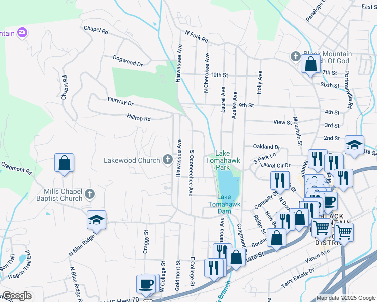 map of restaurants, bars, coffee shops, grocery stores, and more near 511 South Oconeechee Avenue in Black Mountain