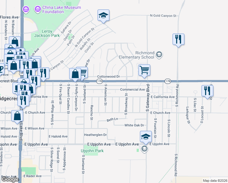 map of restaurants, bars, coffee shops, grocery stores, and more near 636 Commercial Avenue in Ridgecrest