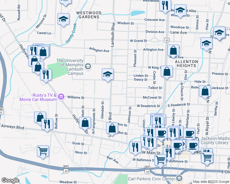 map of restaurants, bars, coffee shops, grocery stores, and more near 120 1/2 Maple Street in Jackson