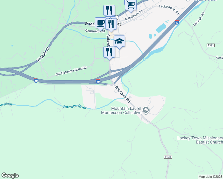 map of restaurants, bars, coffee shops, grocery stores, and more near 548 Bat Cave Road in Old Fort